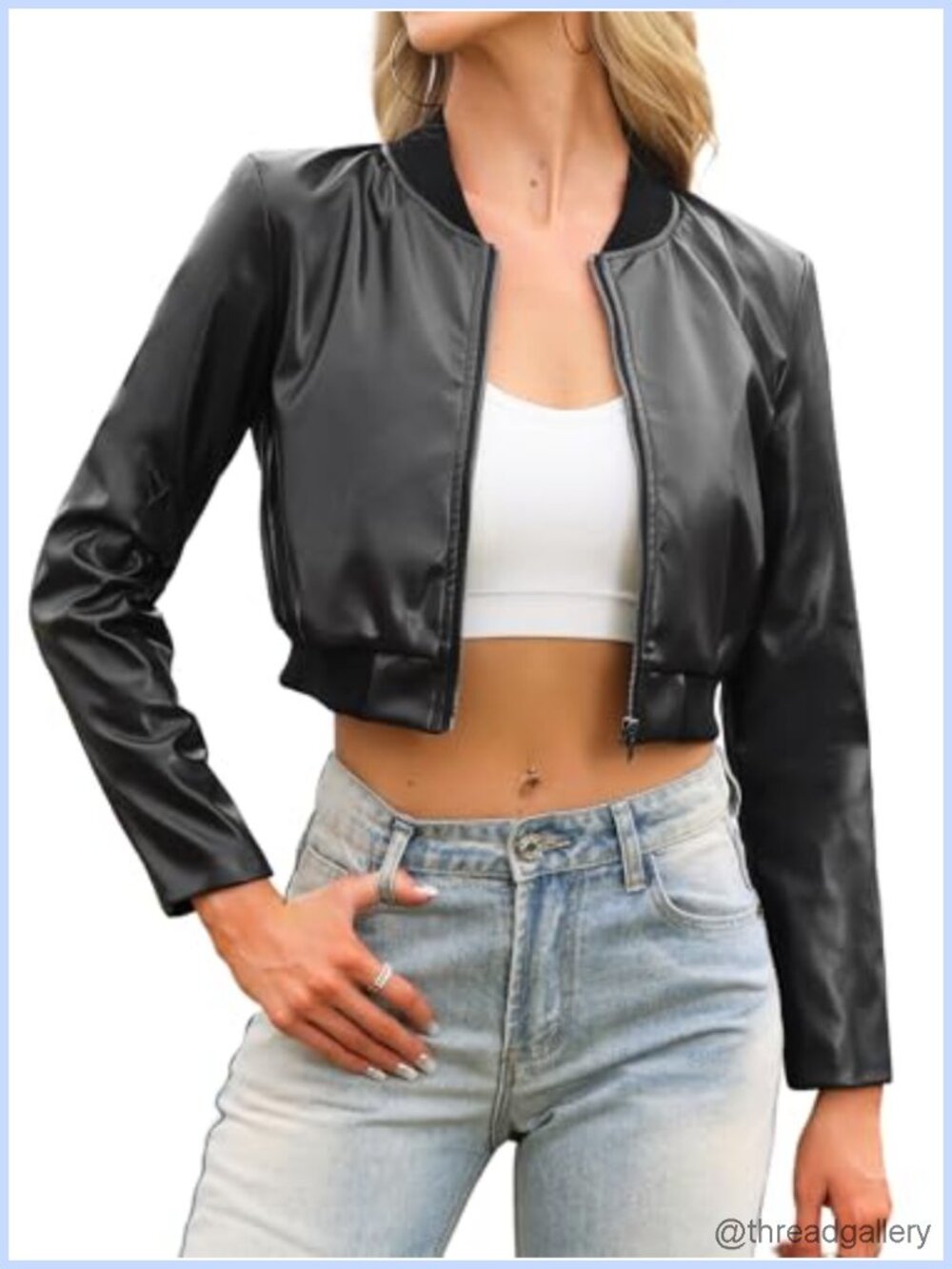 Faux Leather Cropped Bomber Jacket for Women Casual Zip Up Moto Biker Motorcycle